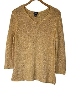 Eileen Fisher Italian Yarn Sweater Top V Neck Size PL( Petite) Yellow Office
